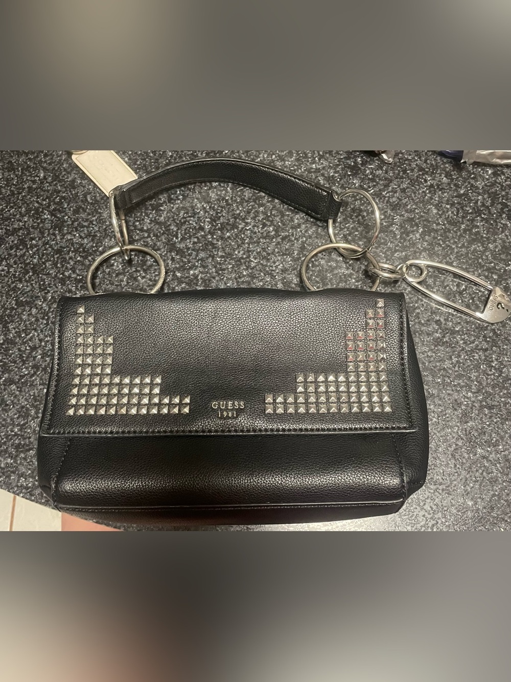 GUESS Black Leather Shoulder Bag with Silver Stud Accents